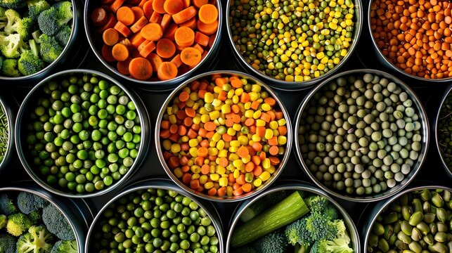 An overhead shot of colorful tins filled with assorted vegetables like carrots, green beans, corn, peas, and broad beans. The vibrant colors and textures of each vegetable stand out against a black