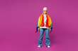 © ViDi Studio - Full body young happy lesbian woman wearing pink animal clothes with rainbow flag on shoulders look camera isolated on plain purple background studio portrait. Pride day June month love LGBTQ concept.