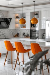 Wall Mural - Elegant minimalist kitchen interior with vibrant orange chairs and modern decor