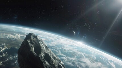 Wall Mural - in the vast expanse of space planet earth dances along its orbit while a massive asteroid looms omin