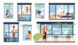 © VectorBum - People in open windows. Neighbors in apartments doing different things. View through glass. Man caring of plants. Building terraces. Woman sitting at home windowsill. Garish vector set