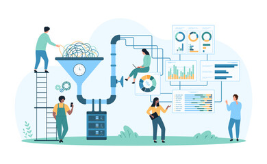 Wall Mural - big data funnel, ai technology for digital information stream conversion and analysis. tiny people s