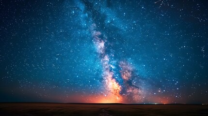 Poster - Starry night sky with the Milky Way, viewed from an open field at dusk. There are no light sources but some distant city lights glowing subtly below. Incredibly beautiful, relaxing.