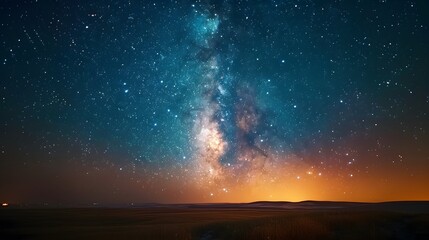 Poster - Starry night sky with the Milky Way, viewed from an open field at dusk. There are no light sources but some distant city lights glowing subtly below. Incredibly beautiful, relaxing.