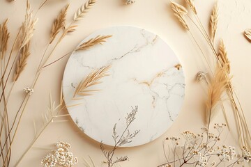 Dry natural grass, leaves and flowers frame with white marble podium, beauty and fashion concept mock up on beige background flat lay, top view. Hd, realistic, copy space, Generative ai
