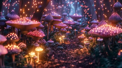 Canvas Print - A collection of mushrooms growing in the grassy forest floor, An enchanting forest filled with colorful mushrooms and fairy lights