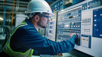 Wall Mural - A man in a hard hat carefully configures alarms and notifications on a computer, An engineer configures alarms and notifications on a SCADA system