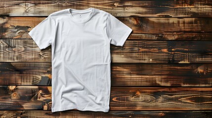 White t-shirt template on wooden background, mockup for design and print presentation of fashion brand, blank t-shirt template. Mock up stock photo.