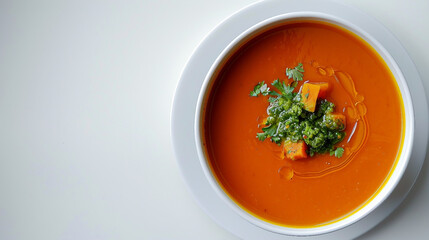 Wall Mural - Vibrant Carrot Red Lentil Soup topped with Fresh Carrot Top Pesto - Healthy Vegan Meal Concept Stock Photo