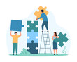 © Iconic Prototype - Team building, business partnership in challenge and goal achievement. Tiny people build puzzle jigsaw tower together, partners fit and match parts of success solution cartoon vector illustration