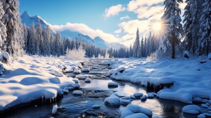 A river with snow on the banks and trees in the background