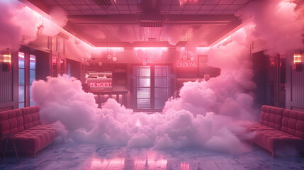 Wall Mural - A futuristic lounge with neon pink lighting and clouds of smoke filling the room. The lounge features modern furniture and a bar area with neon signs.
