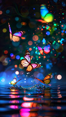Wall Mural - Beautiful butterfly in rainbow colors shining on a lake at night, Copy Space,Space for Text,Generative AI,夜の湖に虹色に輝いているの綺麗な蝶、コピースペース,テキスト用スペース,Generative AI,