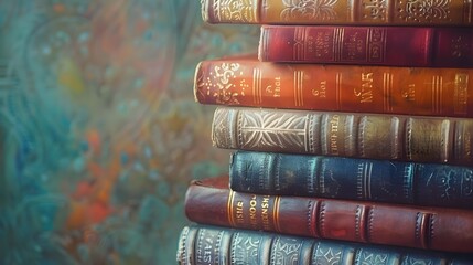 stack of vintage books with intricate leather covers