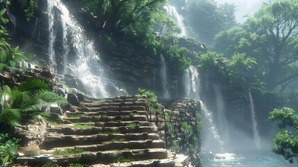 Wall Mural - A serene waterfall cascading down a rocky cliff surrounded by lush green vegetation and mist.