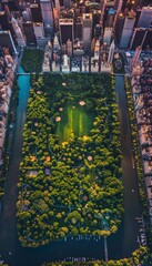 Ultra sharp aerial helicopter photo of Central Park, capturing lush greenery and people enjoying