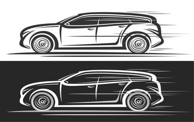 Wall Mural - Vector logo for Station Wagon Car, automotive decorative banners with contour illustration of monochrome long motor car in moving, urban line art running station wagon on black and white background