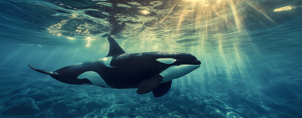 underwater photography, orca in the style of sunlight through water, high resolution, high detail, hyper realistic, cinematic