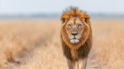 Wall Mural - Majestic lion walking through the dry grasslands, with its mane blowing slightly in the wind, staring intently ahead, capturing the essence of the African savanna