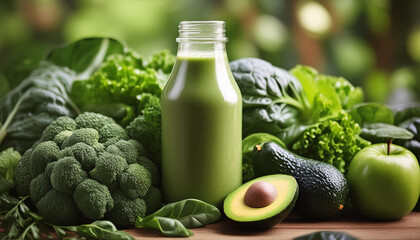 Wall Mural - Green smoothie in glass bottle. Healthy beverage with natural products. Tasty detox drink. Close-up.