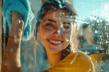 Cheerful young woman cleaning window with sponge   high quality image of extreme cleanliness