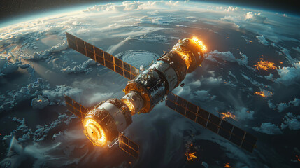 Wall Mural - telecommunication satellite providing global internet network and high speed data communication abov