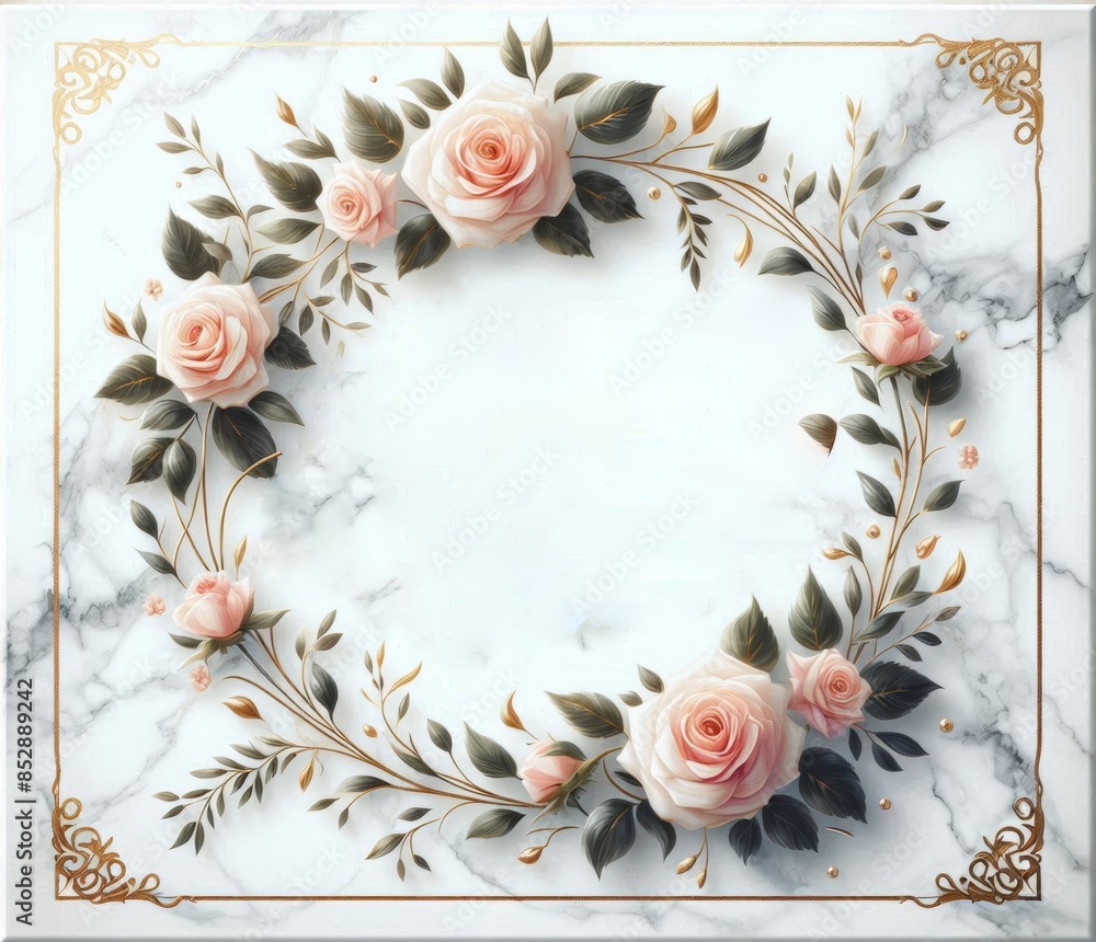 Elegant floral wreath with pink roses and green leaves on marble ...