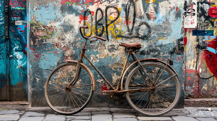 Abandoned bicycle leaning against a graffiti covered wall, its tires deflated and frame rusted