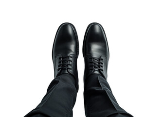 Aufkleber - A pair of black shoes on a person's feet against a white background, showcasing a clean, professional look. Generative AI