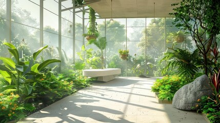 Wall Mural - futuristic serene greenhouse interior with lush surrounding landscape view 3d illustration