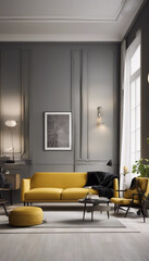 Wall Mural - Modern interior design of scandinavian apartment living room with yellow sofa sideboard and black ar