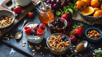 toppings should have an appetizing texture, food props like fruit, honey, jam, granola, nuts, healthy, food, fruit, berry, raspberry, nutrition, blueberries, organic, antioxidant