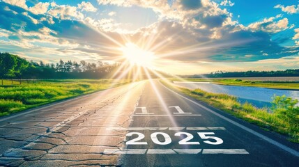 Wall Mural - Asphalt Road Leading to 2025 with Sun Rays