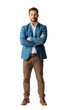 © Who is Danny - A man in a blue blazer and brown pants posing with arms crossed, against a white background, representing confidence. Generative AI