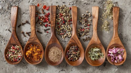 Sticker - Different kinds of spices displayed on wooden spoons on a grey stone surface ideal culinary backdrop for your projects