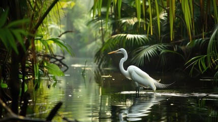 Poster - graceful egret wading through a lush rainforest wetland wildlife photography