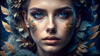 A close-up portrait of a young woman with captivating blue eyes, showcasing intricate and artistic floral makeup. Her face is adorned with delicate, shimmering decorations in gold and blue.