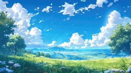 Wall Mural - in the refreshing summer morning a vivid blue sky fluffy white clouds and a gentle breeze create a d