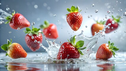 Wall Mural - strawberries in motion, flying strawberry slices, photorealism, light white background with water drops, warm creamy background tones, water splashes