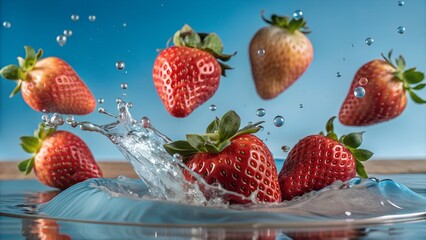 Wall Mural - strawberries in motion, flying strawberry slices, photorealism, light white background with water drops, warm creamy background tones, water splashes