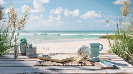 Wall Mural - Desk Arrangement with Beach-themed Stationery 