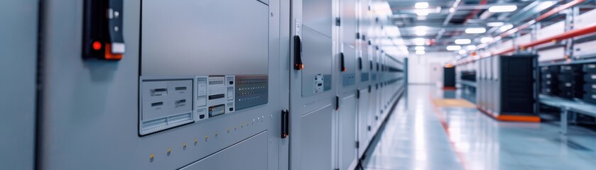 Backup energy storage unit in a data center, critical infrastructure theme, side view, showcasing reliable power solutions, futuristic tone, vivid