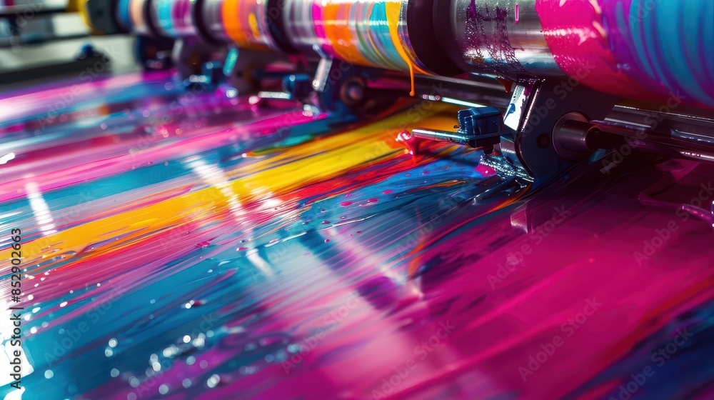 Printer Ink Color Production industrial printing press closeup vibrant ink colors offset production ...