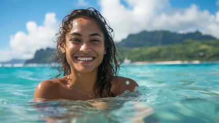 Canvas Print - joyful polynesian woman smiling in the sea tropical island happiness