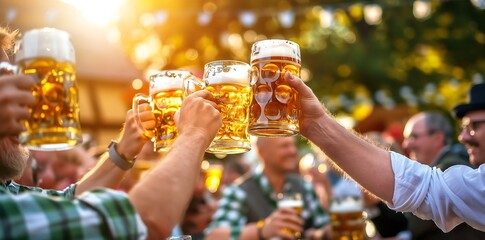 German men toasting beer glasses at an outdoor party in Germany, oktoberfest