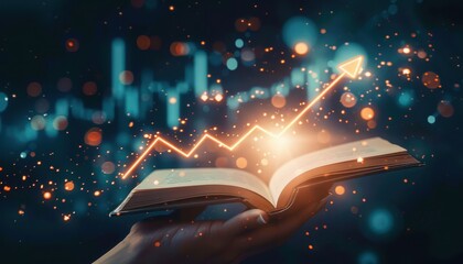 Poster - Open book with glowing graph line symbolizing financial growth, knowledge, and data analysis. Background of abstract data charts and bokeh lights.