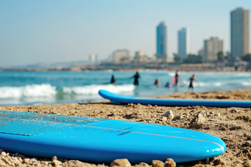 Blue Surfboards on Sandy Beach with City Skyline and People in Background
