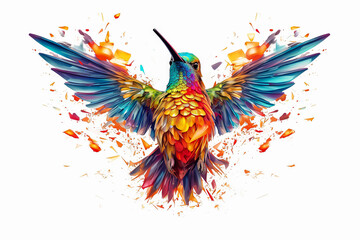 Wall Mural - A colorful hummingbird is flying in the air with its wings spread wide.