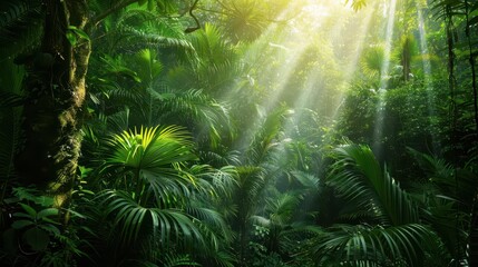 Wall Mural - lush tropical rainforest with sunbeams filtering through dense canopy copyspace nature photography