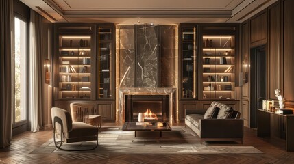 luxurious art deco living room interior with fireplace and bookcases modern home design concept illustration